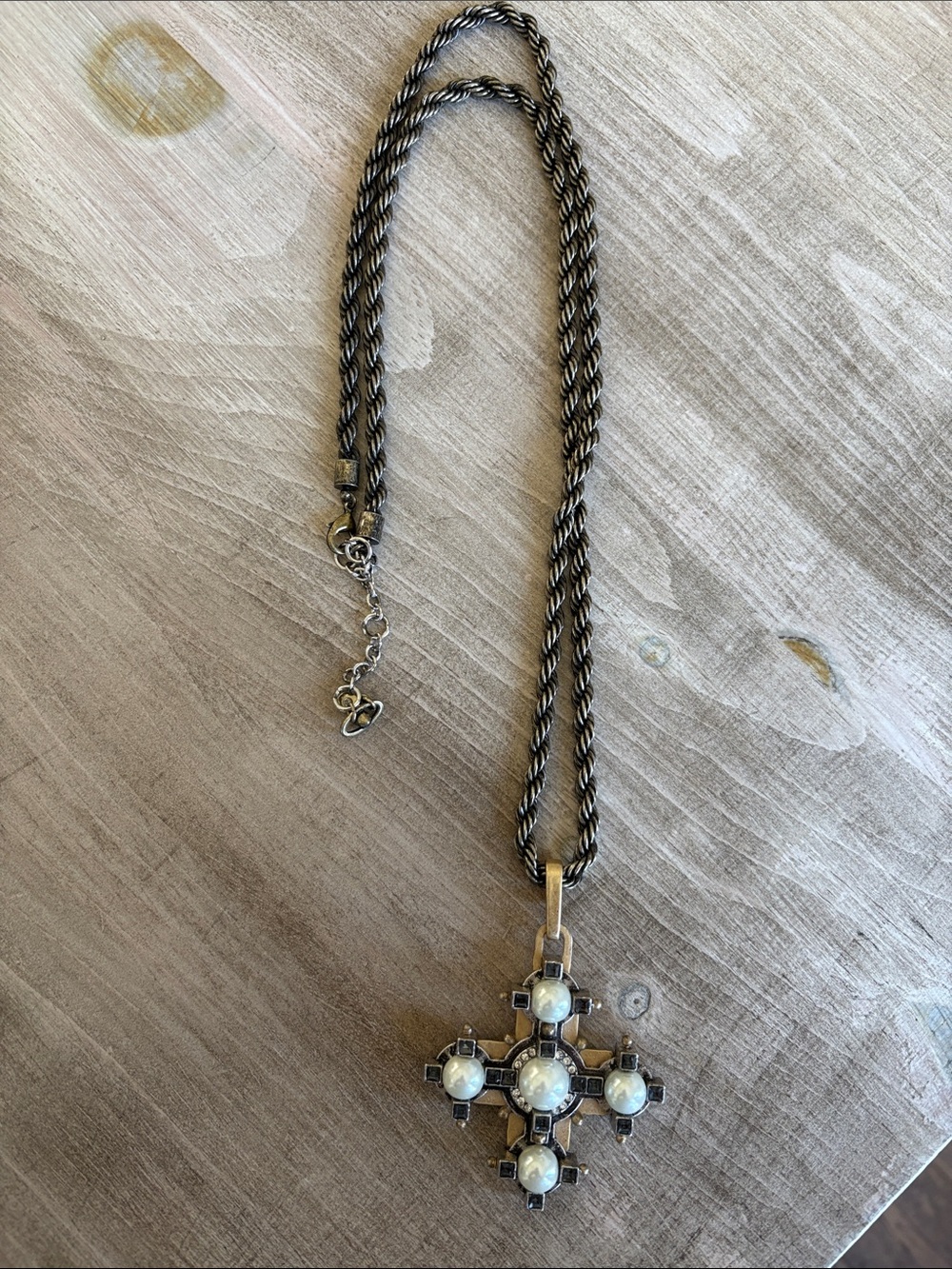 CAbi Silver-Tone Rope Necklace with Pearlescent Cross Pendant